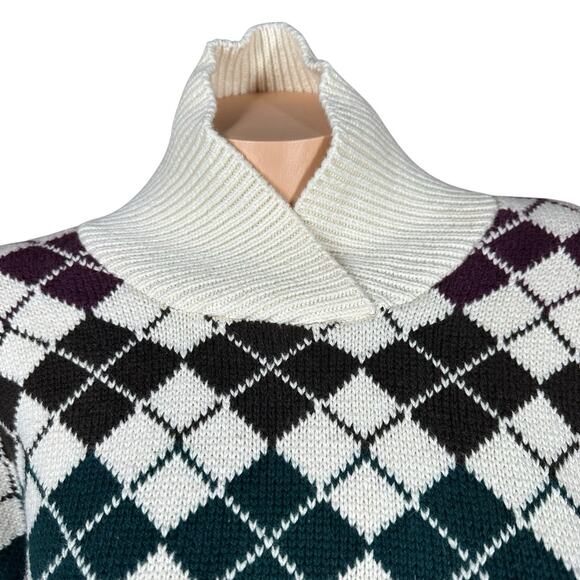 Vtg Alcott & Andrews Shawl Collar Womens L Argyle Sweater Warm 80s White Green - Picture 2 of 6